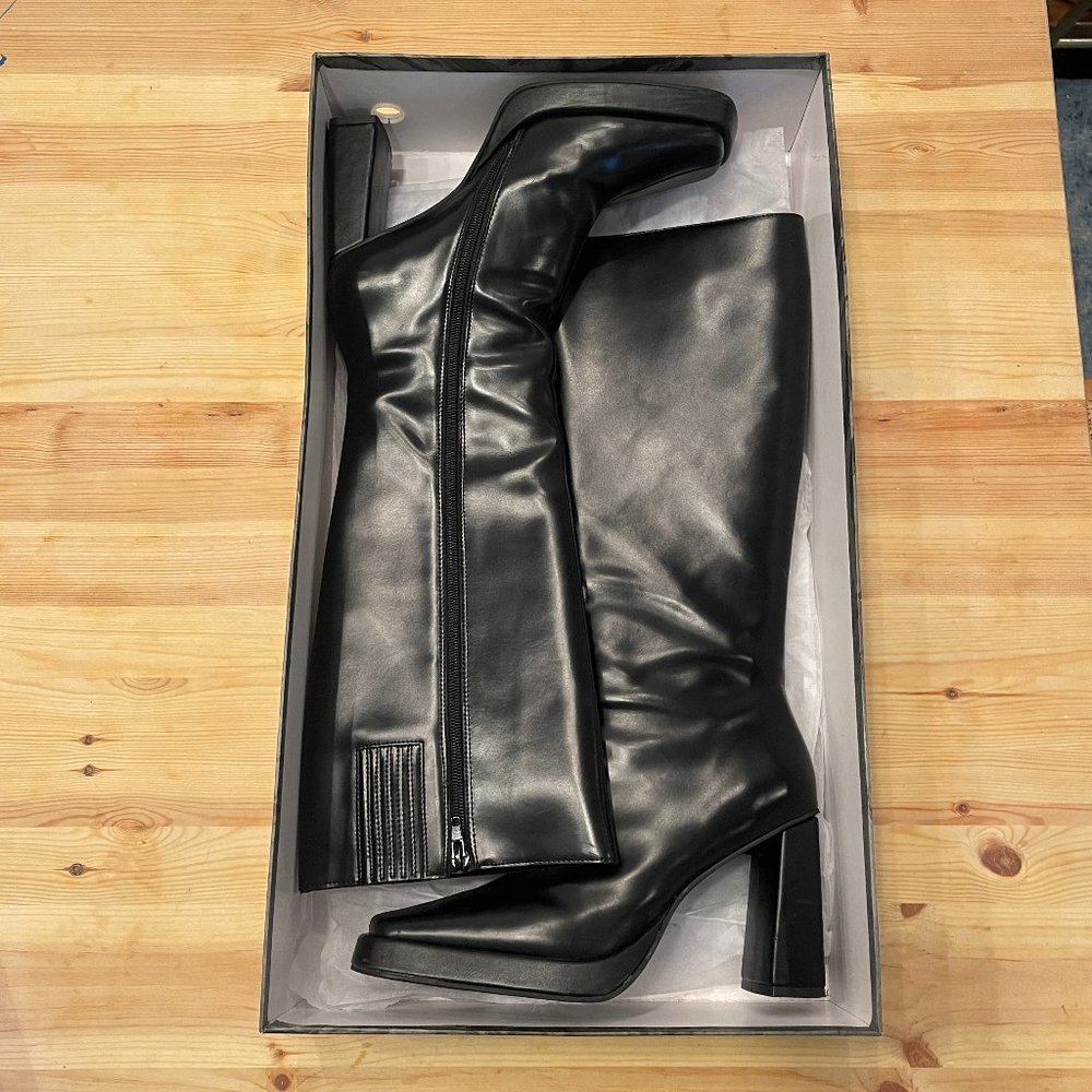 JEFFREY CAMPBELL Maximal Knee-High Block Heel Square ToeBoots In Black | US 8.5